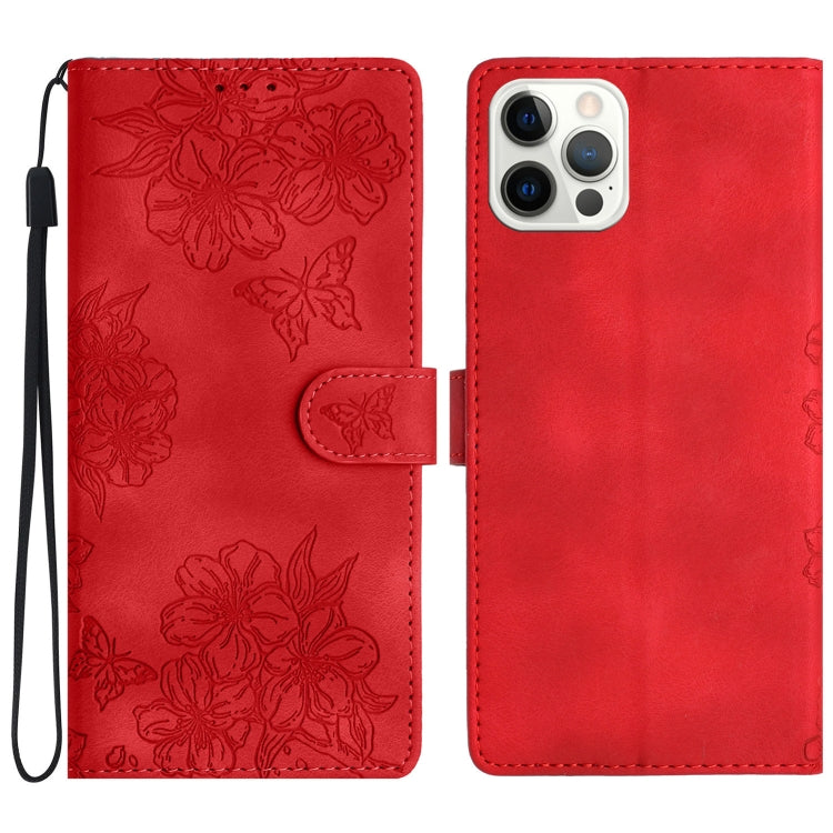 For iPhone 16 Pro Max Cherry Blossom Butterfly Skin Feel Embossed PU Phone Case(Red) - iPhone 16 Pro Max Cases by PMC TechLife | Online Shopping South Africa | PMC TechLife | Buy Now Pay Later Mobicred