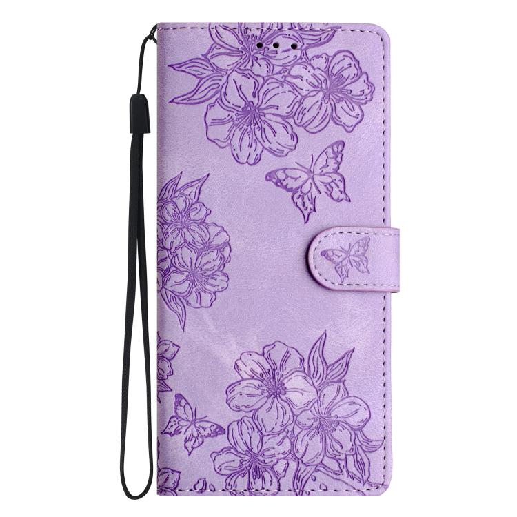 For iPhone 16e Cherry Blossom Butterfly Skin Feel Embossed PU Phone Case(Purple) - iPhone 16e Cases by PMC TechLife | Online Shopping South Africa | PMC TechLife | Buy Now Pay Later Mobicred