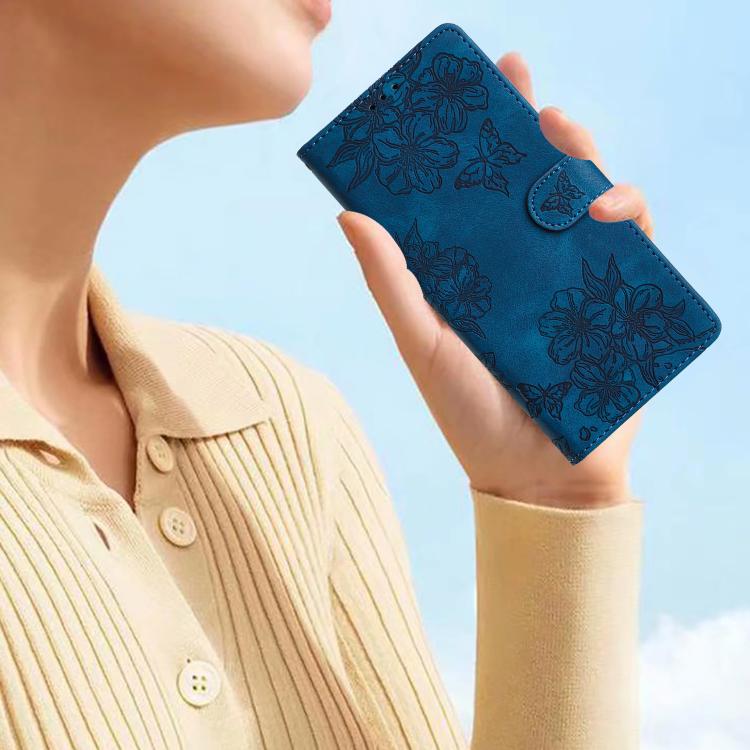 For iPhone 16e Cherry Blossom Butterfly Skin Feel Embossed PU Phone Case(Blue) - iPhone 16e Cases by PMC TechLife | Online Shopping South Africa | PMC TechLife | Buy Now Pay Later Mobicred