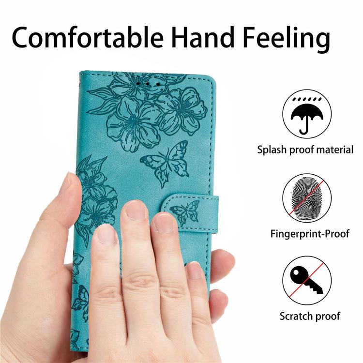 For iPhone 16e Cherry Blossom Butterfly Skin Feel Embossed PU Phone Case(Green) - iPhone 16e Cases by PMC TechLife | Online Shopping South Africa | PMC TechLife | Buy Now Pay Later Mobicred