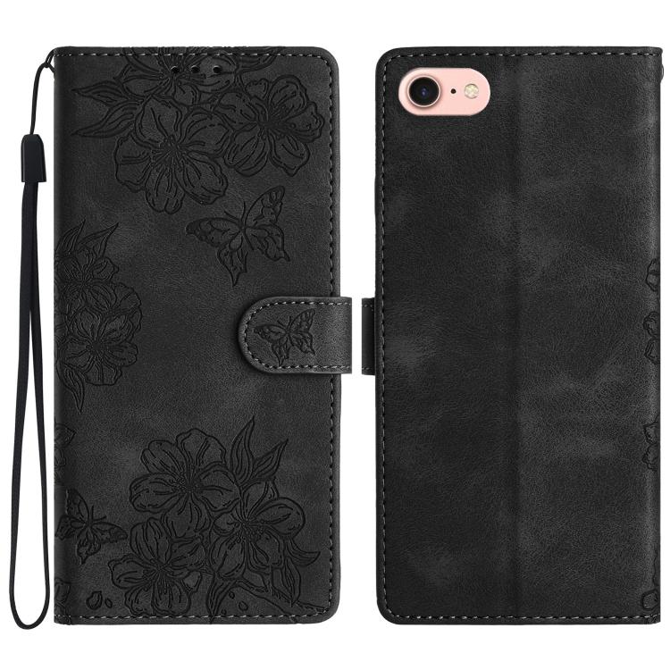 For iPhone 16e Cherry Blossom Butterfly Skin Feel Embossed PU Phone Case(Black) - iPhone 16e Cases by PMC TechLife | Online Shopping South Africa | PMC TechLife | Buy Now Pay Later Mobicred