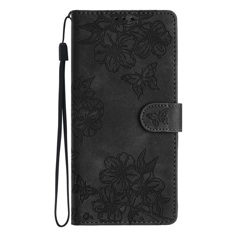 For iPhone 16e Cherry Blossom Butterfly Skin Feel Embossed PU Phone Case(Black) - iPhone 16e Cases by PMC TechLife | Online Shopping South Africa | PMC TechLife | Buy Now Pay Later Mobicred