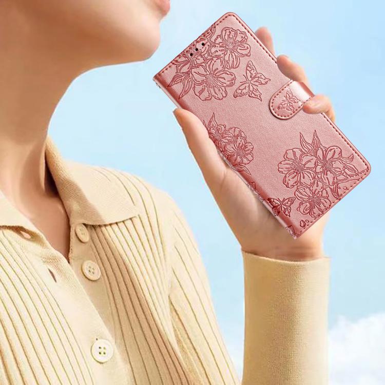 For iPhone 16e Cherry Blossom Butterfly Skin Feel Embossed PU Phone Case(Rose Gold) - iPhone 16e Cases by PMC TechLife | Online Shopping South Africa | PMC TechLife | Buy Now Pay Later Mobicred