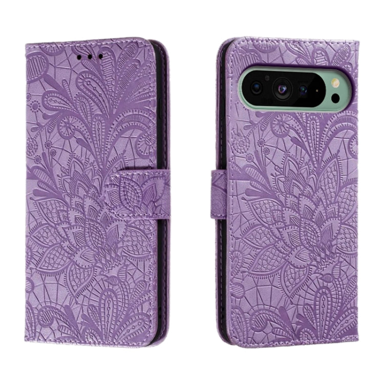 For Google Pixel 9 Lace Flower Embossing Flip Leather Phone Case(Purple) - Google Cases by PMC TechLife | Online Shopping South Africa | PMC TechLife | Buy Now Pay Later Mobicred