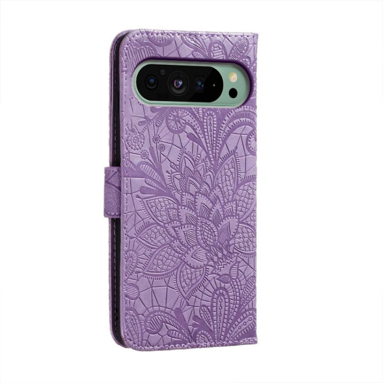 For Google Pixel 9 Lace Flower Embossing Flip Leather Phone Case(Purple) - Google Cases by PMC TechLife | Online Shopping South Africa | PMC TechLife | Buy Now Pay Later Mobicred