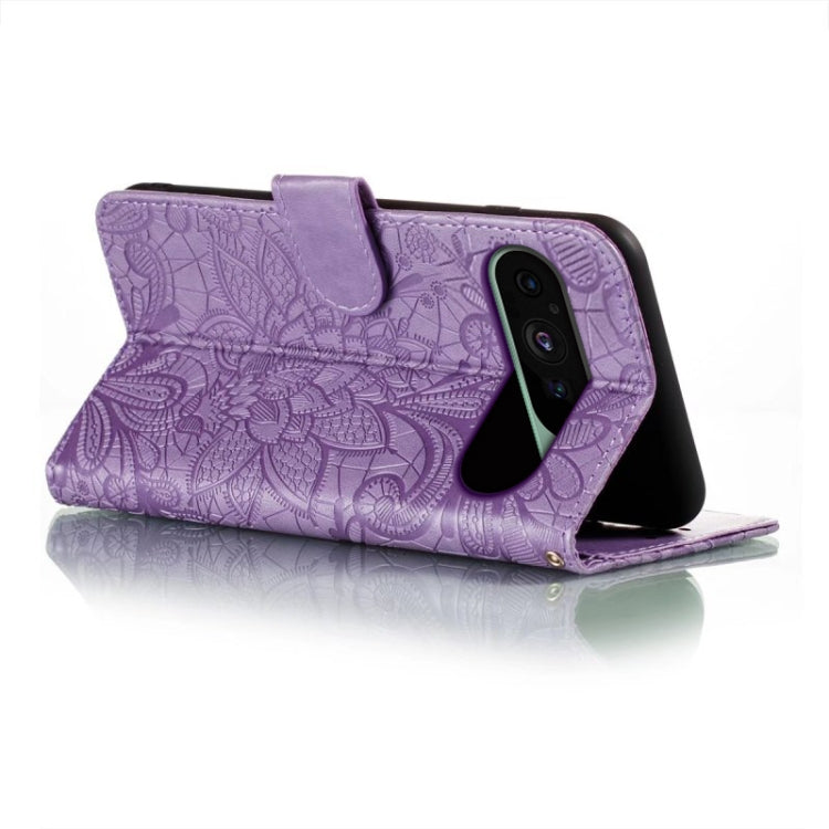 For Google Pixel 9 Lace Flower Embossing Flip Leather Phone Case(Purple) - Google Cases by PMC TechLife | Online Shopping South Africa | PMC TechLife | Buy Now Pay Later Mobicred