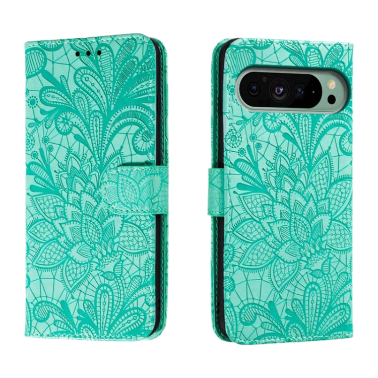 For Google Pixel 9 Lace Flower Embossing Flip Leather Phone Case(Green) - Google Cases by PMC TechLife | Online Shopping South Africa | PMC TechLife | Buy Now Pay Later Mobicred