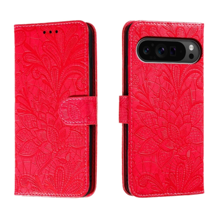 For Google Pixel 9 Pro Lace Flower Embossing Flip Leather Phone Case(Red) - Google Cases by PMC TechLife | Online Shopping South Africa | PMC TechLife | Buy Now Pay Later Mobicred