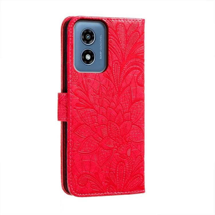 For Motorola Moto G Play 2024 Lace Flower Embossing Flip Leather Phone Case(Red) - Motorola Cases by PMC Jewellery | Online Shopping South Africa | PMC Jewellery | Buy Now Pay Later Mobicred