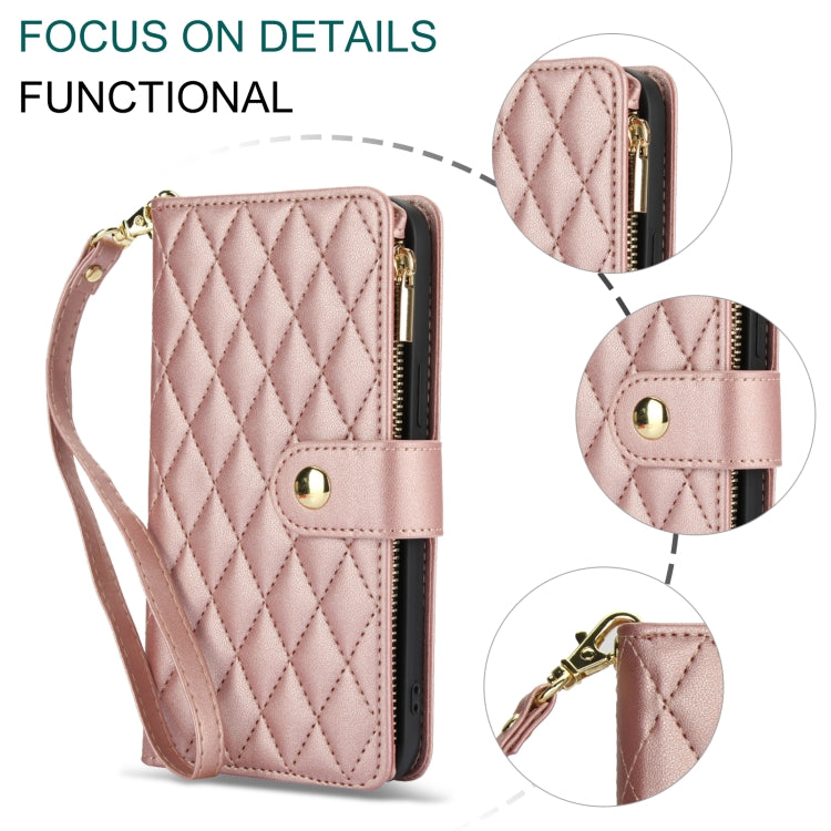 For Samsung Galaxy S24 Ultra 5G YM016 Rhombic Zipper Card Wallet Leather Phone Case with Lanyard(Rose Gold) - Galaxy S24 Ultra 5G Cases by PMC Jewellery | Online Shopping South Africa | PMC Jewellery | Buy Now Pay Later Mobicred