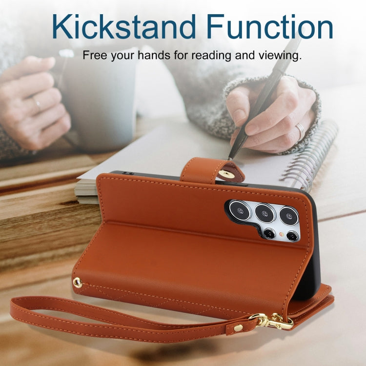 For Samsung Galaxy S24 Ultra 5G YM016 Rhombic Zipper Card Wallet Leather Phone Case with Lanyard(Brown) - Galaxy S24 Ultra 5G Cases by PMC Jewellery | Online Shopping South Africa | PMC Jewellery | Buy Now Pay Later Mobicred