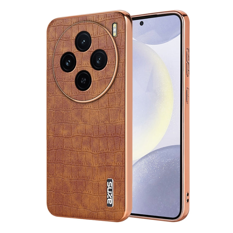 For vivo X100 5G AZNS Electroplated Frame Crocodile Texture Full Coverage Phone Case(Brown) - vivo Cases by AZNS | Online Shopping South Africa | PMC Jewellery | Buy Now Pay Later Mobicred