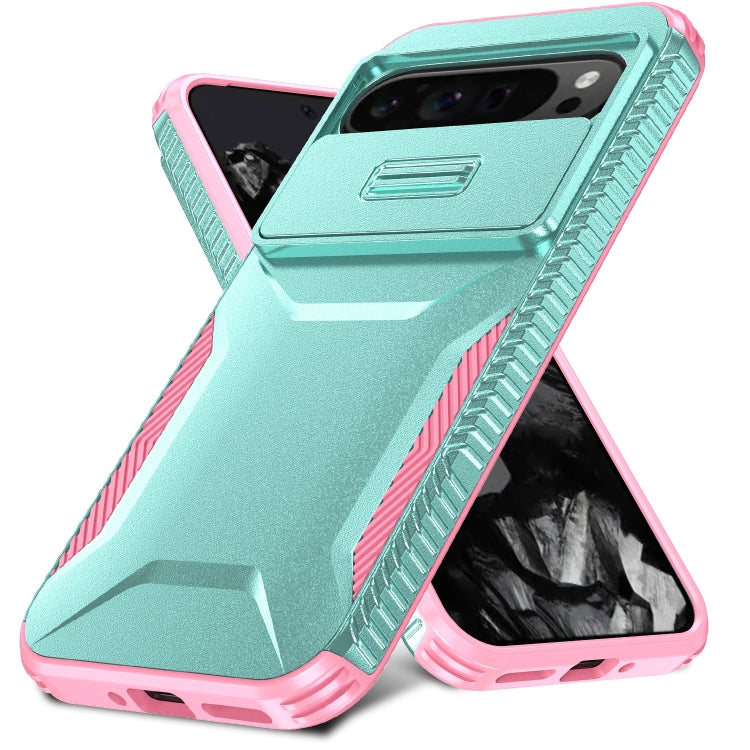 For Google Pixel 9 Pro XL Sliding Camshield Phone Case(Grey Green + Pink) - Google Cases by PMC TechLife | Online Shopping South Africa | PMC TechLife | Buy Now Pay Later Mobicred