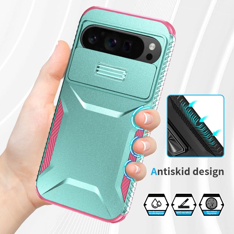 For Google Pixel 9 Pro XL Sliding Camshield Phone Case(Grey Green + Pink) - Google Cases by PMC TechLife | Online Shopping South Africa | PMC TechLife | Buy Now Pay Later Mobicred