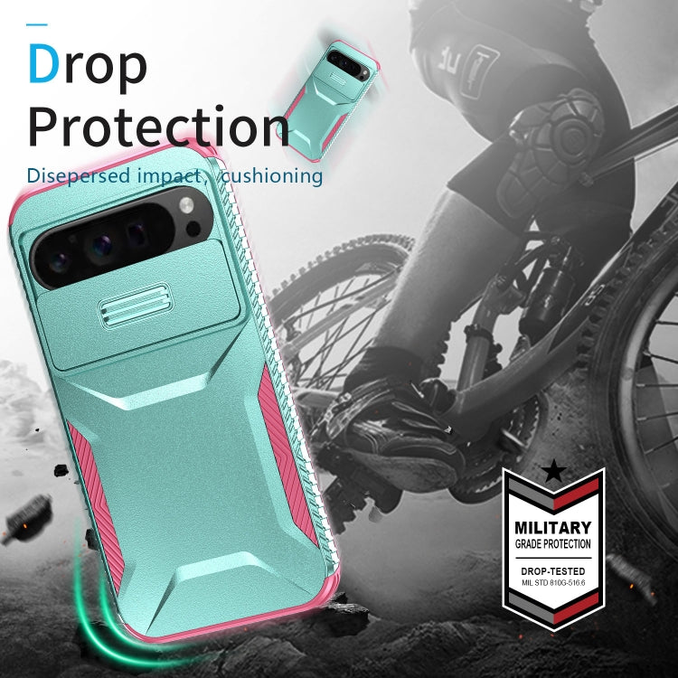 For Google Pixel 9 Pro XL Sliding Camshield Phone Case(Grey Green + Pink) - Google Cases by PMC TechLife | Online Shopping South Africa | PMC TechLife | Buy Now Pay Later Mobicred