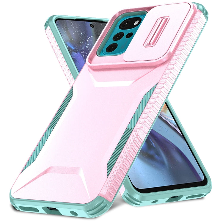For Motorola Moto G22 2024 Sliding Camshield Phone Case(Pink + Grey Green) - Motorola Cases by PMC Jewellery | Online Shopping South Africa | PMC Jewellery | Buy Now Pay Later Mobicred