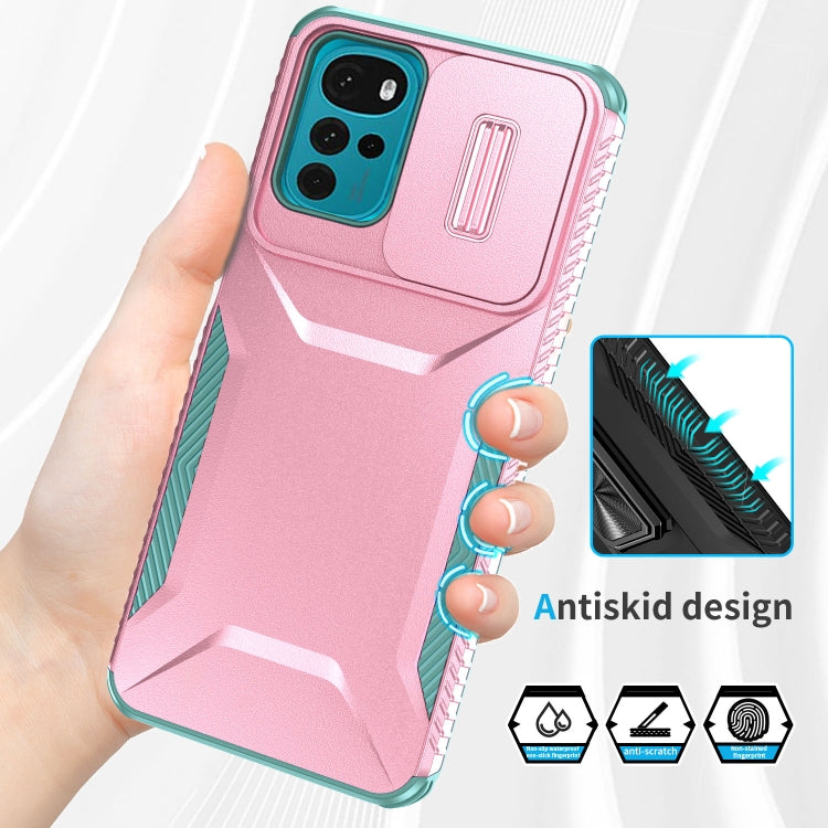 For Motorola Moto G22 2024 Sliding Camshield Phone Case(Pink + Grey Green) - Motorola Cases by PMC Jewellery | Online Shopping South Africa | PMC Jewellery | Buy Now Pay Later Mobicred