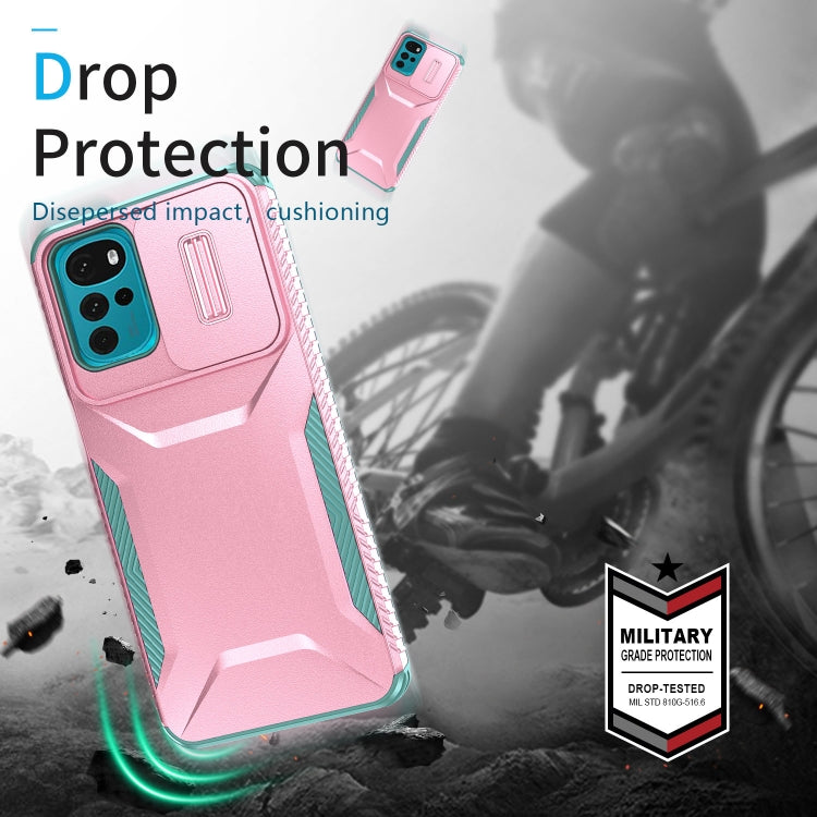 For Motorola Moto G22 2024 Sliding Camshield Phone Case(Pink + Grey Green) - Motorola Cases by PMC Jewellery | Online Shopping South Africa | PMC Jewellery | Buy Now Pay Later Mobicred