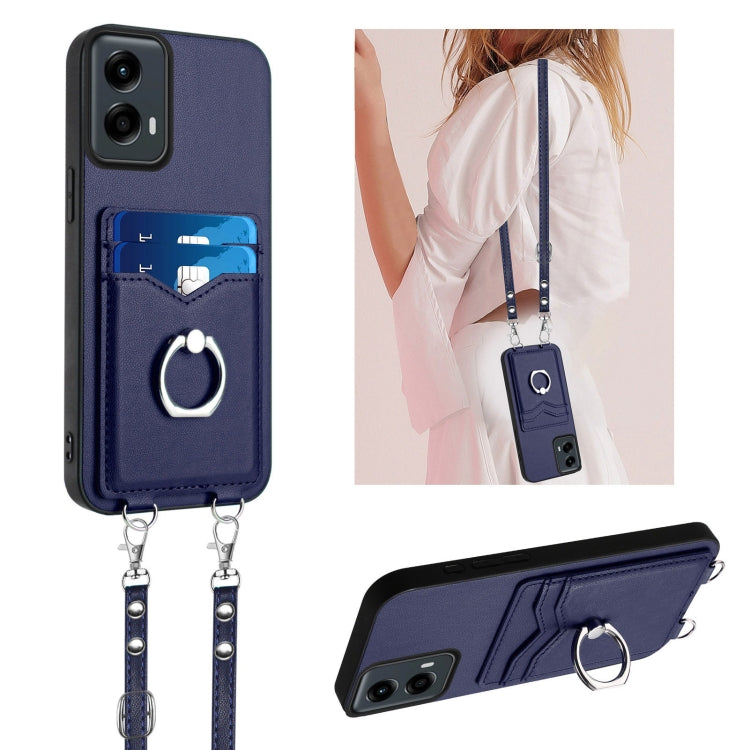 For Motorola Moto G 5G 2024 R20 Crossbody Rope Ring Card Holder Phone Case(Blue) - free shipping - PMC Jewellery - Order now!