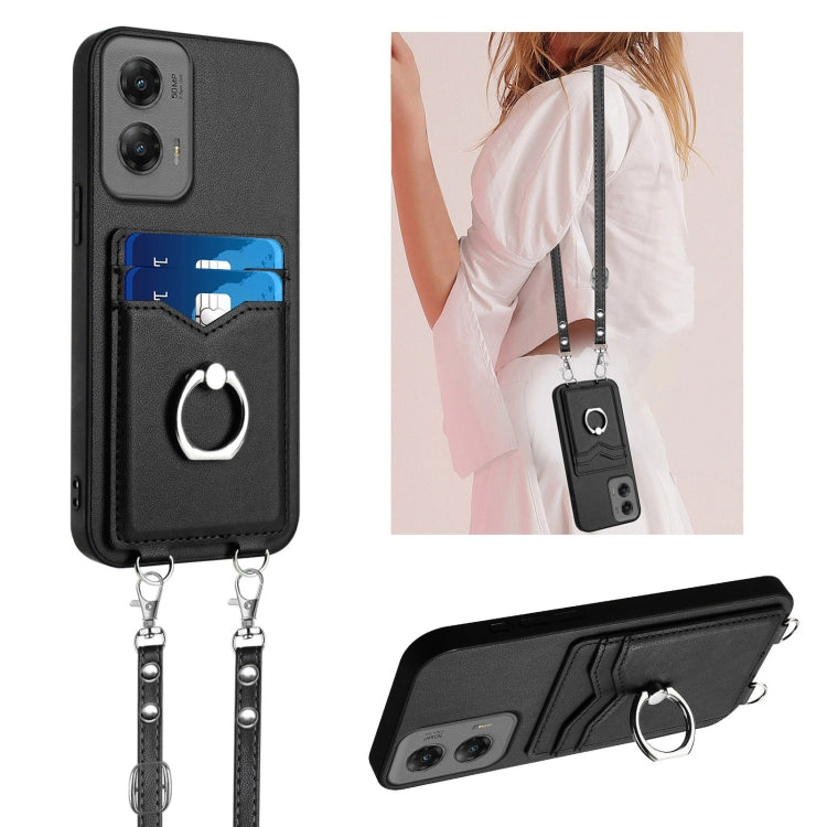 For Motorola Moto G Stylus 5G 2024 R20 Crossbody Rope Ring Card Holder Phone Case(Black) - Motorola Cases by PMC Jewellery | Online Shopping South Africa | PMC Jewellery | Buy Now Pay Later Mobicred