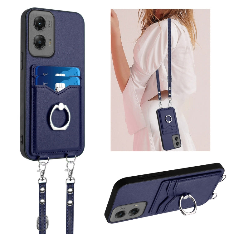 For Motorola Moto G Stylus 5G 2024 R20 Crossbody Rope Ring Card Holder Phone Case(Blue) - Motorola Cases by PMC Jewellery | Online Shopping South Africa | PMC Jewellery | Buy Now Pay Later Mobicred