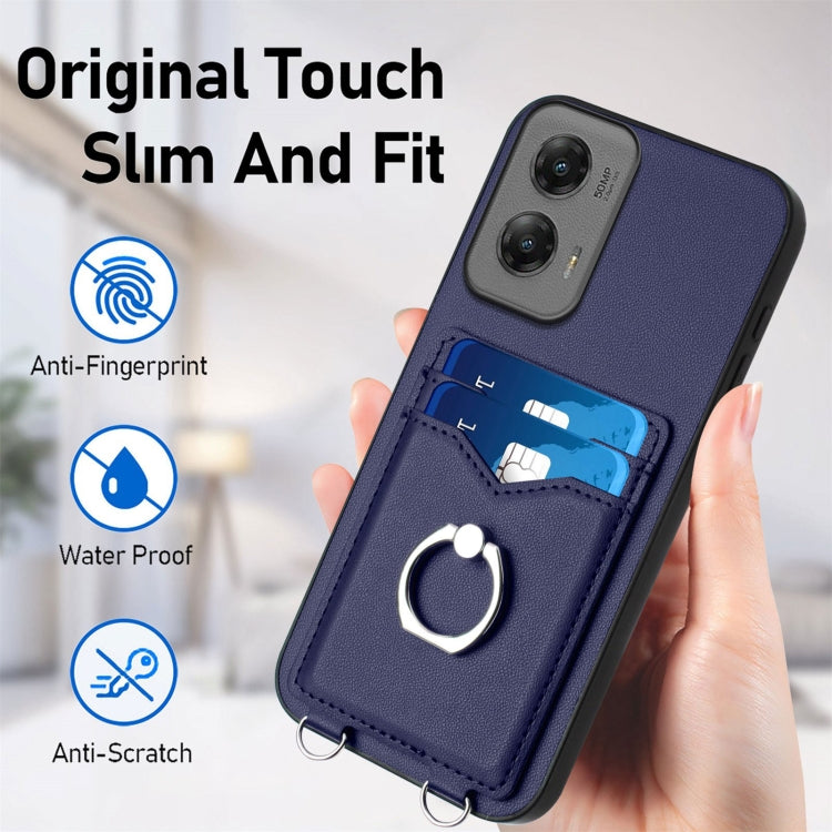 For Motorola Moto G Stylus 5G 2024 R20 Crossbody Rope Ring Card Holder Phone Case(Blue) - Motorola Cases by PMC Jewellery | Online Shopping South Africa | PMC Jewellery | Buy Now Pay Later Mobicred