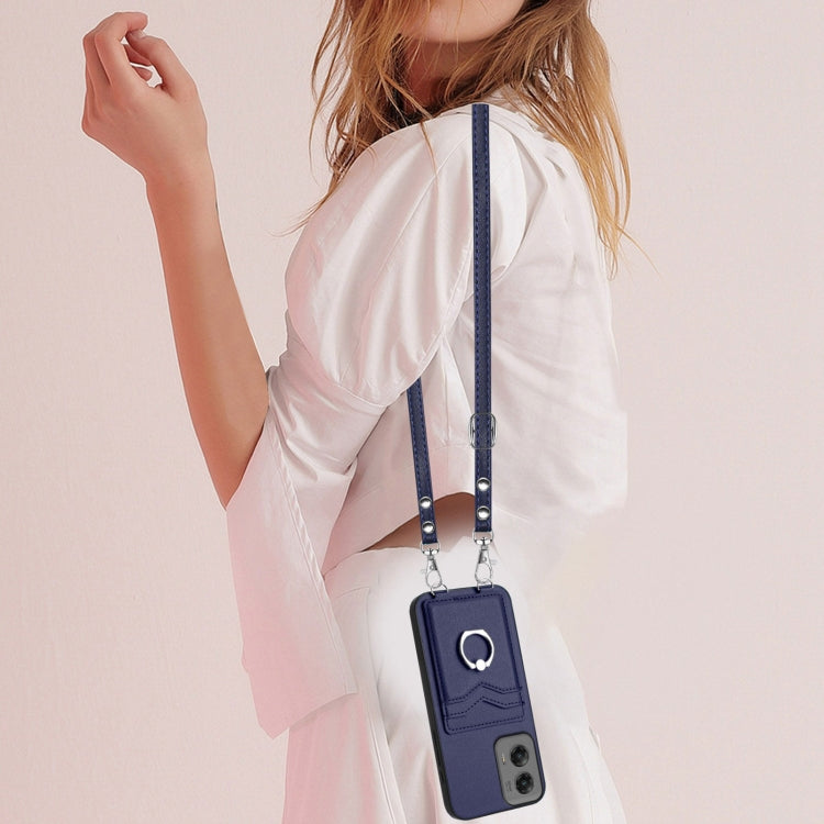 For Motorola Moto G Stylus 5G 2024 R20 Crossbody Rope Ring Card Holder Phone Case(Blue) - Motorola Cases by PMC Jewellery | Online Shopping South Africa | PMC Jewellery | Buy Now Pay Later Mobicred