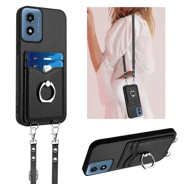For Motorola Moto G Play 2024 4G R20 Crossbody Rope Ring Card Holder Phone Case(Black) - Motorola Cases by PMC Jewellery | Online Shopping South Africa | PMC Jewellery | Buy Now Pay Later Mobicred
