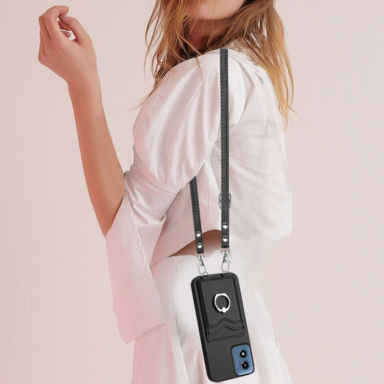 For Motorola Moto G Play 2024 4G R20 Crossbody Rope Ring Card Holder Phone Case(Black) - Motorola Cases by PMC Jewellery | Online Shopping South Africa | PMC Jewellery | Buy Now Pay Later Mobicred