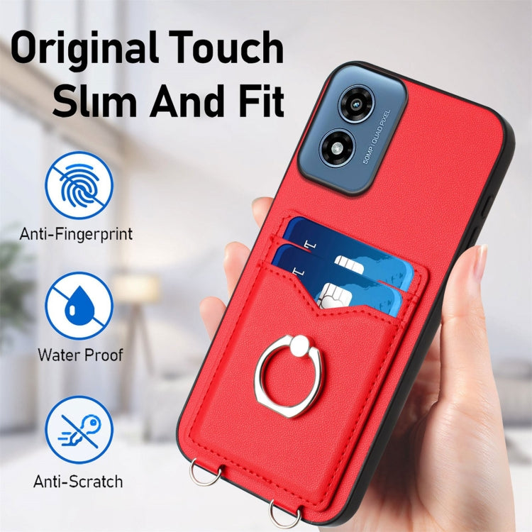 For Motorola Moto G Play 2024 4G R20 Crossbody Rope Ring Card Holder Phone Case(Red) - Motorola Cases by PMC Jewellery | Online Shopping South Africa | PMC Jewellery | Buy Now Pay Later Mobicred