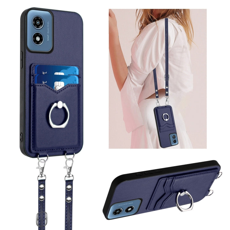 For Motorola Moto G Play 2024 4G R20 Crossbody Rope Ring Card Holder Phone Case(Blue) - Motorola Cases by PMC Jewellery | Online Shopping South Africa | PMC Jewellery | Buy Now Pay Later Mobicred