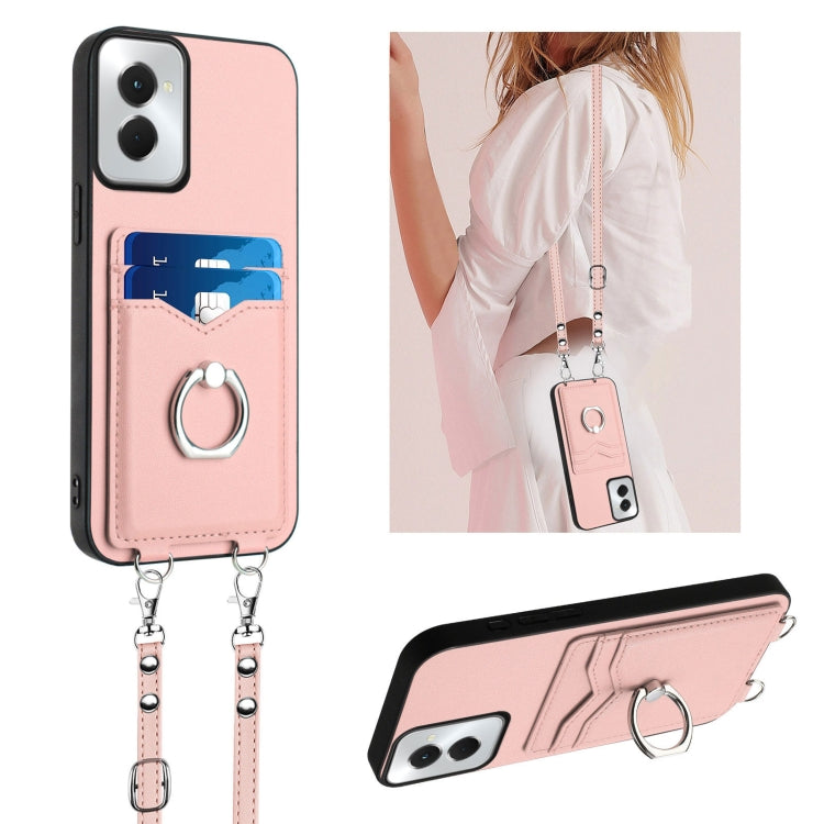 For Motorola Moto G Power 5G 2024 R20 Crossbody Rope Ring Card Holder Phone Case(Pink) - Motorola Cases by PMC Jewellery | Online Shopping South Africa | PMC Jewellery | Buy Now Pay Later Mobicred