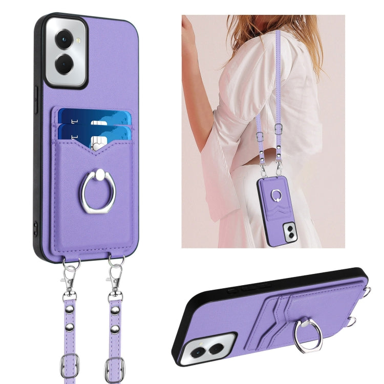 For Motorola Moto G Power 5G 2024 R20 Crossbody Rope Ring Card Holder Phone Case(Purple) - Motorola Cases by PMC Jewellery | Online Shopping South Africa | PMC Jewellery | Buy Now Pay Later Mobicred