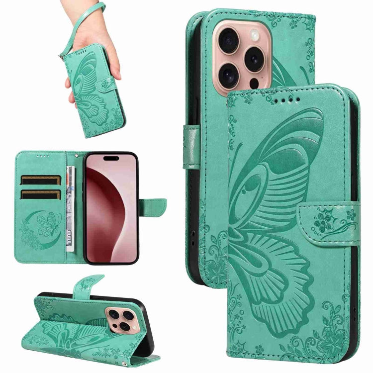 For iPhone 16 Pro Swallowtail Butterfly Embossed Leather Phone Case(Green) - iPhone 16 Pro Cases by PMC TechLife | Online Shopping South Africa | PMC TechLife | Buy Now Pay Later Mobicred