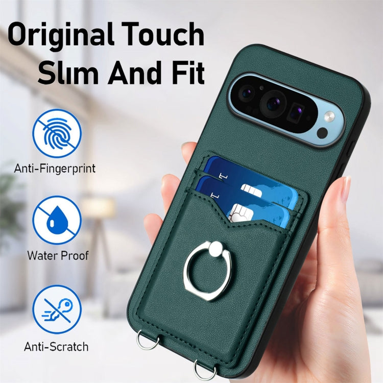 For Google Pixel 9 / 9 Pro R20 Crossbody Rope Ring Card Holder Phone Case(Green) - Google Cases by PMC TechLife | Online Shopping South Africa | PMC TechLife | Buy Now Pay Later Mobicred