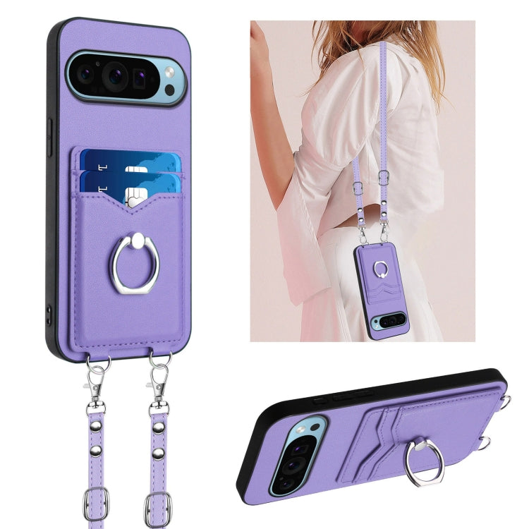 For Google Pixel 9 / 9 Pro R20 Crossbody Rope Ring Card Holder Phone Case(Purple) - Google Cases by PMC TechLife | Online Shopping South Africa | PMC TechLife | Buy Now Pay Later Mobicred