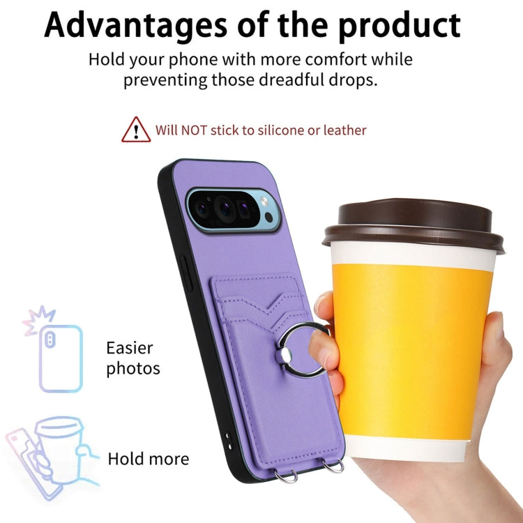 For Google Pixel 9 / 9 Pro R20 Crossbody Rope Ring Card Holder Phone Case(Purple) - Google Cases by PMC TechLife | Online Shopping South Africa | PMC TechLife | Buy Now Pay Later Mobicred