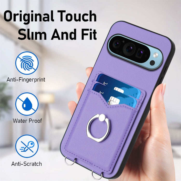For Google Pixel 9 / 9 Pro R20 Crossbody Rope Ring Card Holder Phone Case(Purple) - Google Cases by PMC TechLife | Online Shopping South Africa | PMC TechLife | Buy Now Pay Later Mobicred