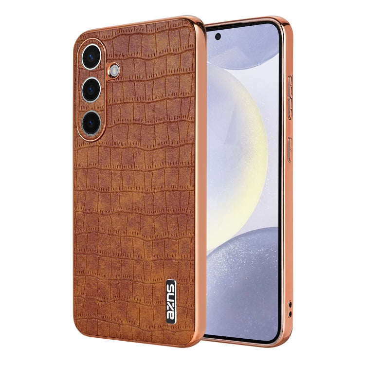 For Samsung Galaxy S25 5G AZNS Electroplated Frame Crocodile Texture Full Coverage Phone Case(Brown) - free shipping - PMC Jewellery - Order now!