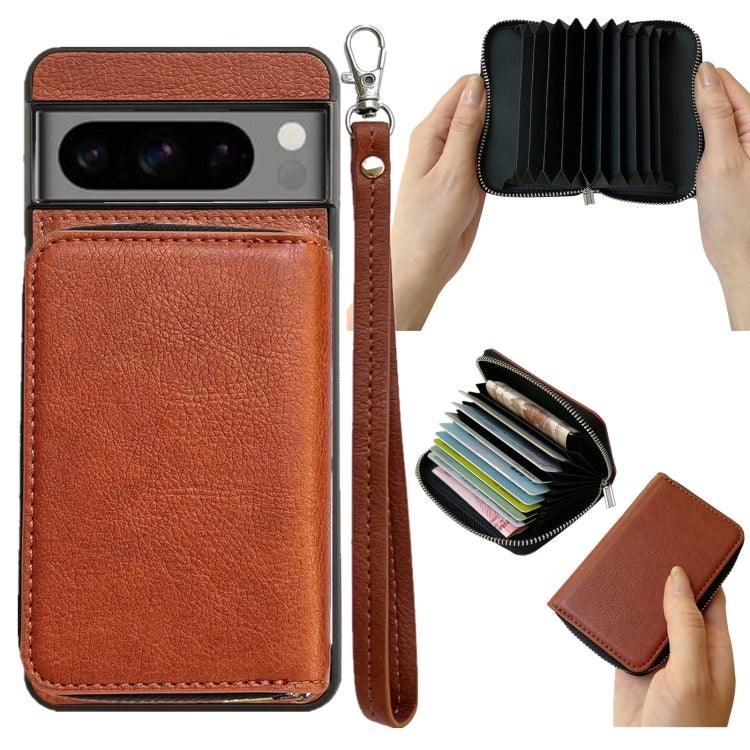 For Google Pixel 8a Solid Color Zipper 11-Card Slots Bag Phone Case with Lanyard(Brown) - Google Cases by PMC TechLife | Online Shopping South Africa | PMC TechLife | Buy Now Pay Later Mobicred