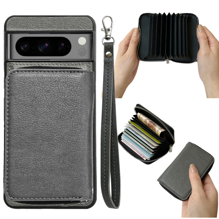 For Google Pixel 8 Solid Color Zipper 11-Card Slots Bag Phone Case with Lanyard(Grey) - Google Cases by PMC TechLife | Online Shopping South Africa | PMC TechLife | Buy Now Pay Later Mobicred