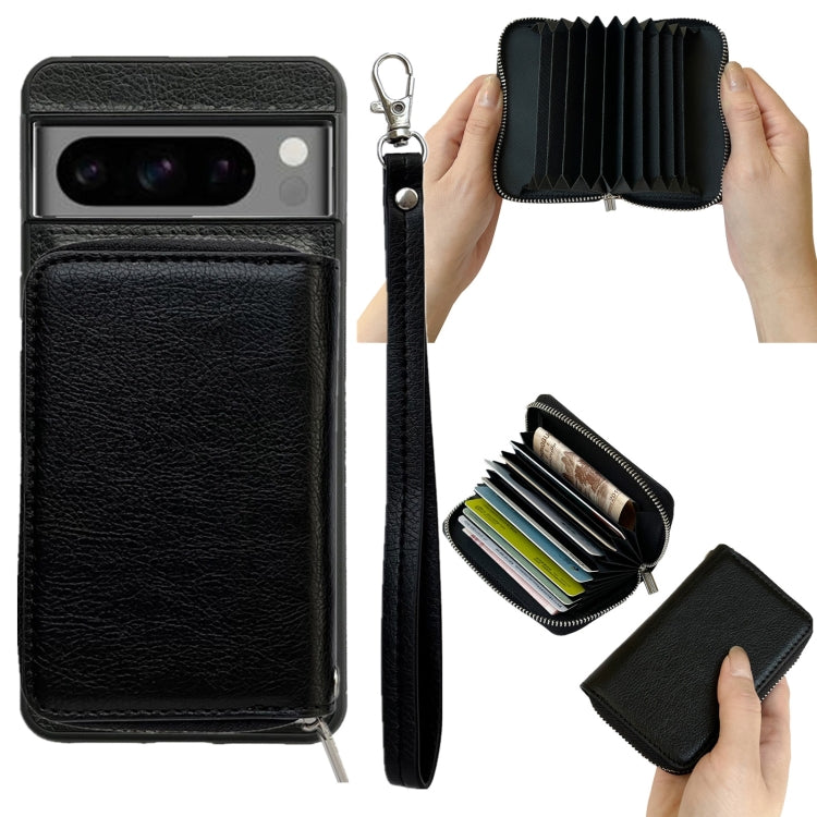 For Google Pixel 7a Solid Color Zipper 11-Card Slots Bag Phone Case with Lanyard(Black) - Google Cases by PMC TechLife | Online Shopping South Africa | PMC TechLife | Buy Now Pay Later Mobicred