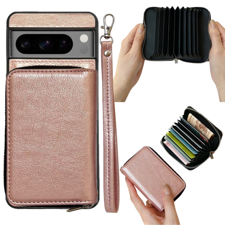 For Google Pixel 6a Solid Color Zipper 11-Card Slots Bag Phone Case with Lanyard(Rose Gold) - Google Cases by PMC TechLife | Online Shopping South Africa | PMC TechLife | Buy Now Pay Later Mobicred