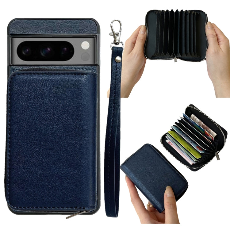 For Google Pixel 6 Pro Solid Color Zipper 11-Card Slots Bag Phone Case with Lanyard(Blue) - Google Cases by PMC TechLife | Online Shopping South Africa | PMC TechLife | Buy Now Pay Later Mobicred