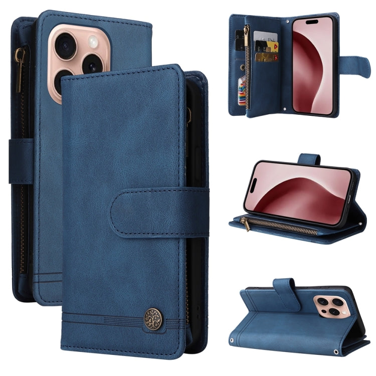 For iPhone 16 Pro Skin Feel Multi-Card Wallet Zipper Leather Phone Case(Blue) - iPhone 16 Pro Cases by PMC TechLife | Online Shopping South Africa | PMC TechLife | Buy Now Pay Later Mobicred