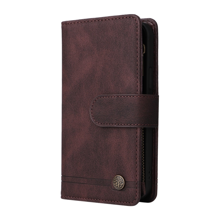 For iPhone 16 Skin Feel Multi-Card Wallet Zipper Leather Phone Case(Brown) - iPhone 16 Cases by PMC TechLife | Online Shopping South Africa | PMC TechLife | Buy Now Pay Later Mobicred