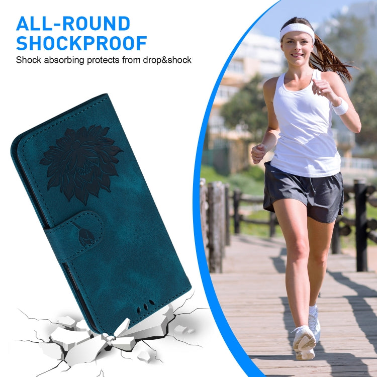 For iPhone 16 Lotus Embossed Leather Phone Case(Dark Blue) - free shipping - PMC TechLife - Order now!