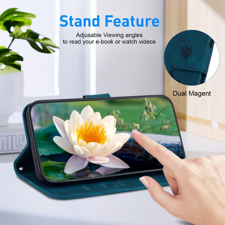For Google Pixel 9 Lotus Embossed Leather Phone Case(Dark Blue) - Google Cases by PMC TechLife | Online Shopping South Africa | PMC TechLife | Buy Now Pay Later Mobicred