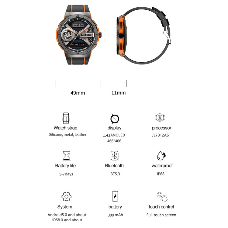 LEMFO HK52 1.43 inch BT5.3 IP68 Sport Smart Watch, Support Bluetooth Call / Message Notification / Heart Rate / Blood Pressure Health Monitor(Orange) - free shipping - PMC TechLife - Order now!