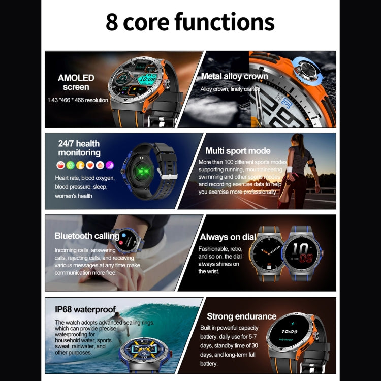 LEMFO HK52 1.43 inch BT5.3 IP68 Sport Smart Watch, Support Bluetooth Call / Message Notification / Heart Rate / Blood Pressure Health Monitor(Orange) - free shipping - PMC TechLife - Order now!